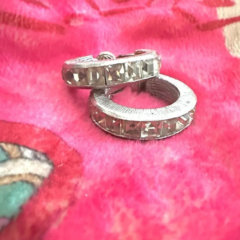 Carnegie vintage silver tone rhinestone clip on hoops